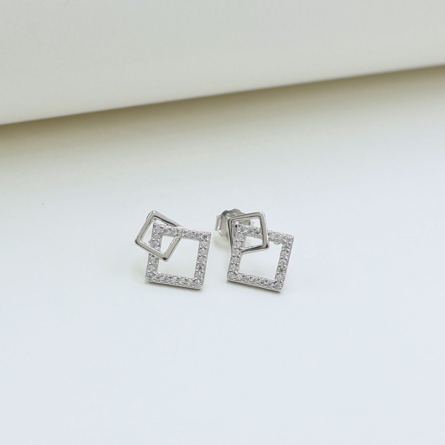 925 Silver Sparkling Square Halo Stud Earrings