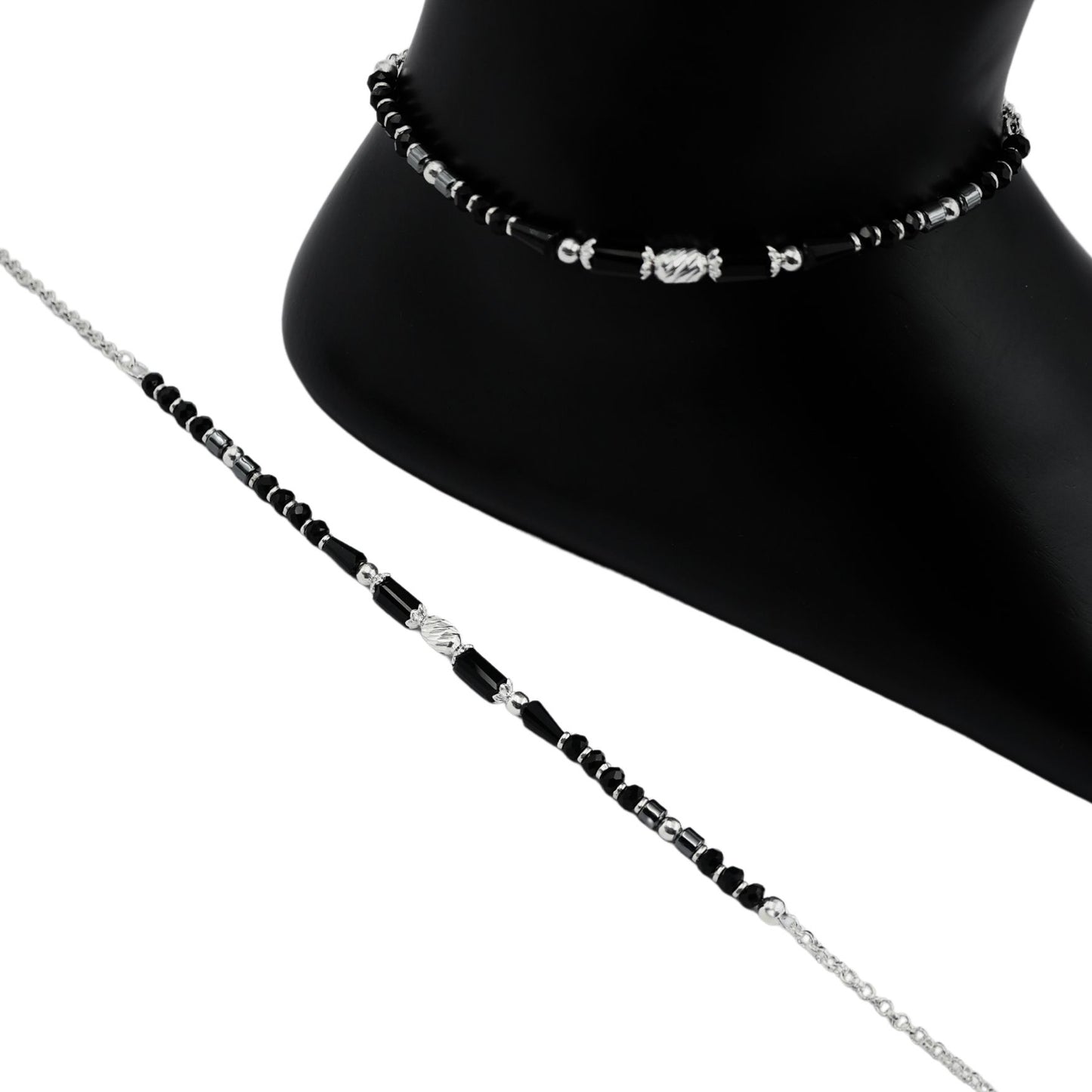 925 Silver Black Beads Anklet