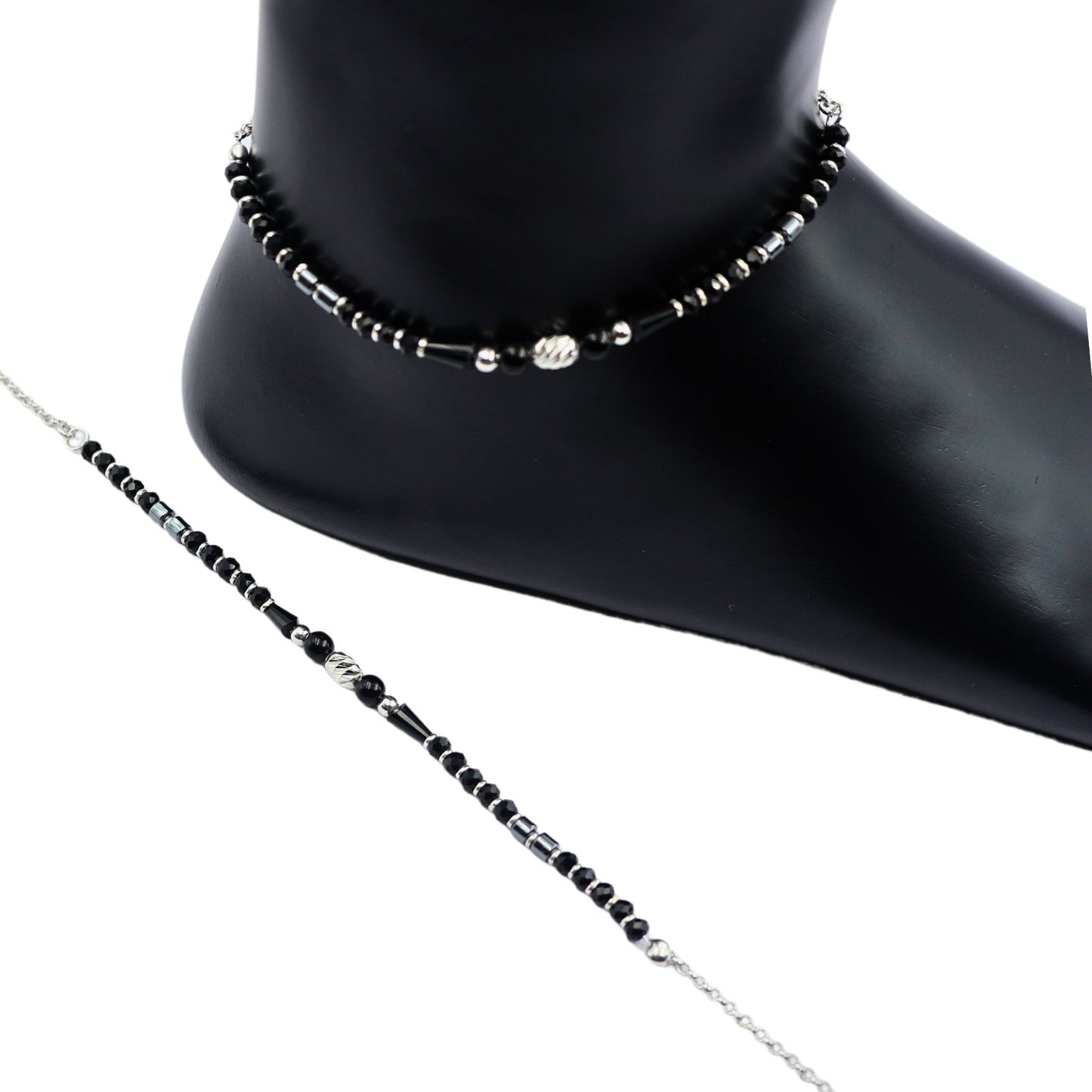 925 Silver Black Beads Anklet