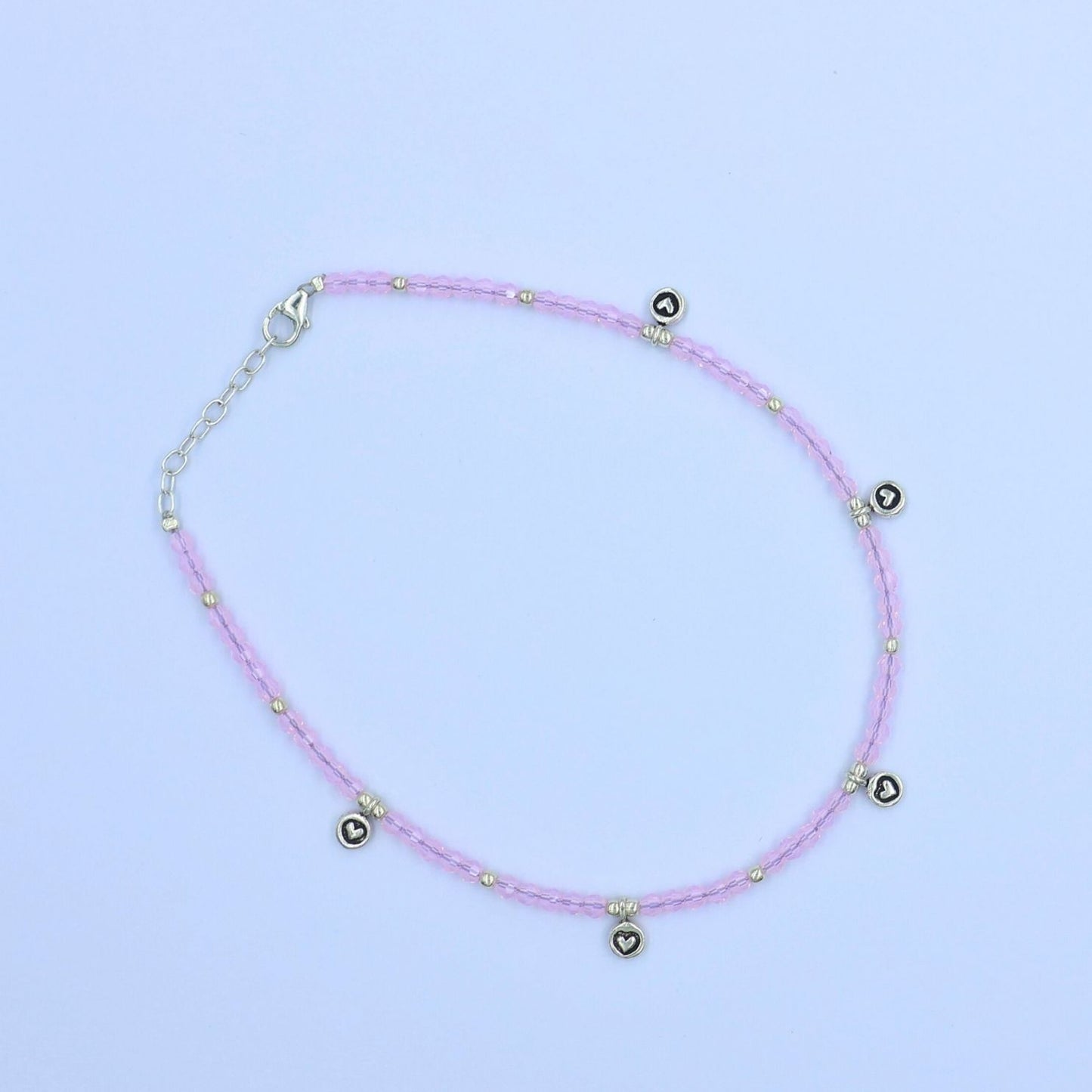 925 Sterling Silver Pink Multi Heart Charm Single Anklet