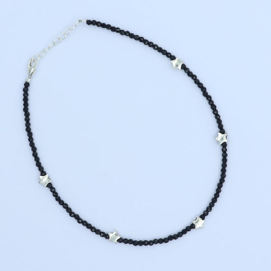 Silver 925 Star Black Beads Single Anklet
