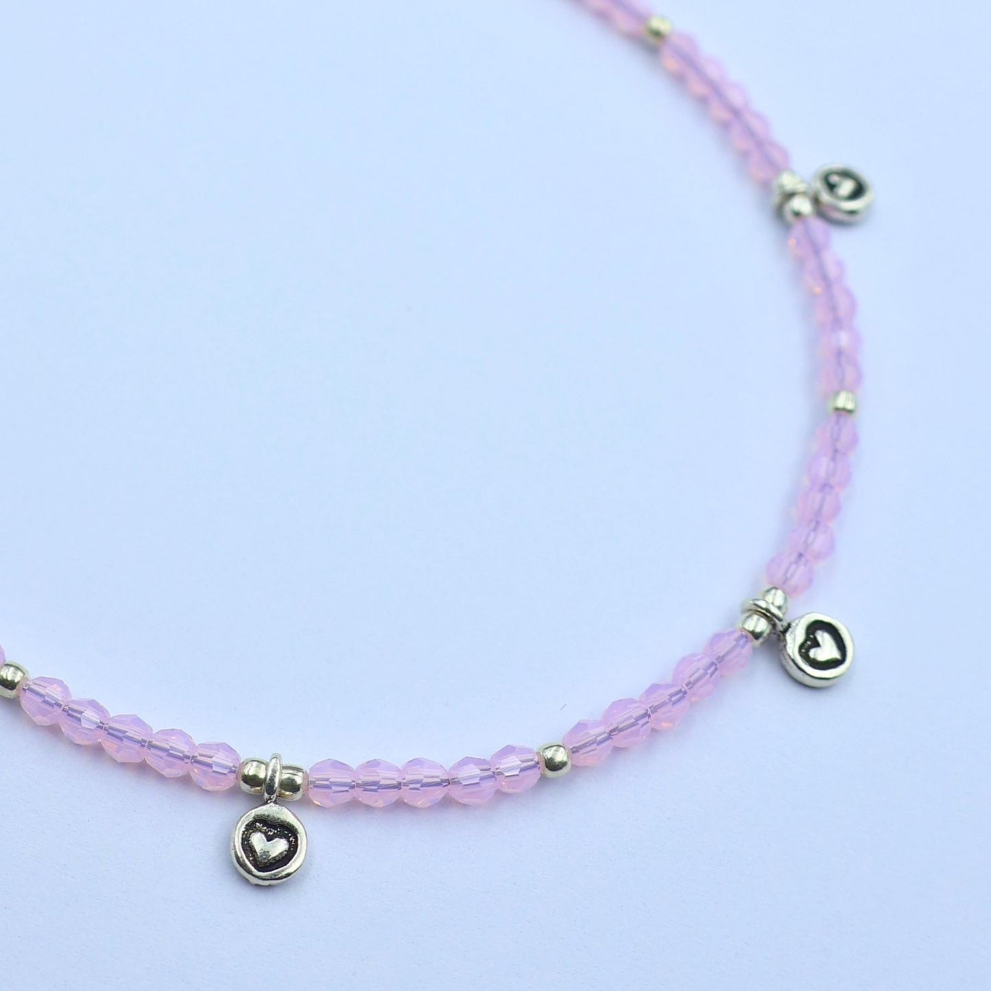 925 Sterling Silver Pink Multi Heart Charm Single Anklet
