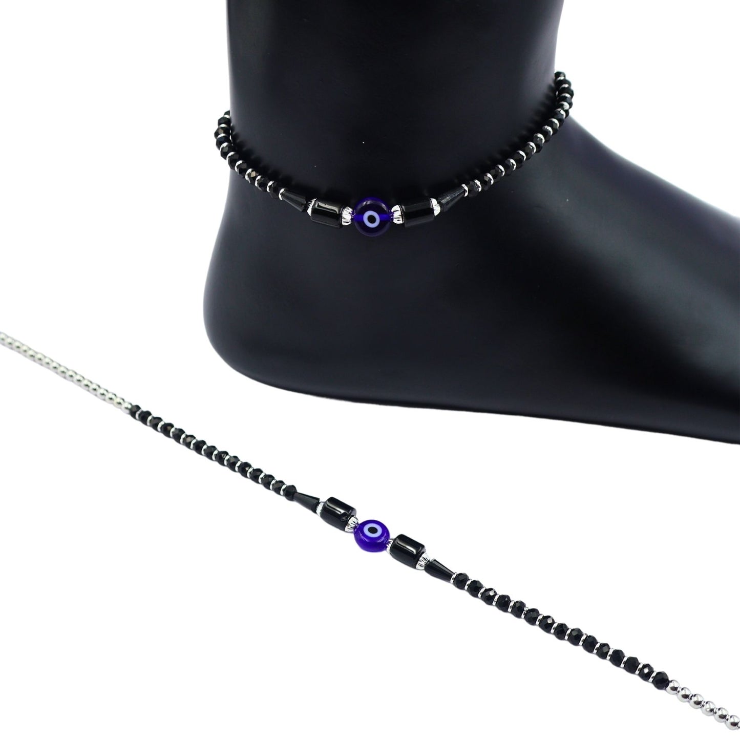 925 Silver Black Beads Evil Eye Pair Anklet